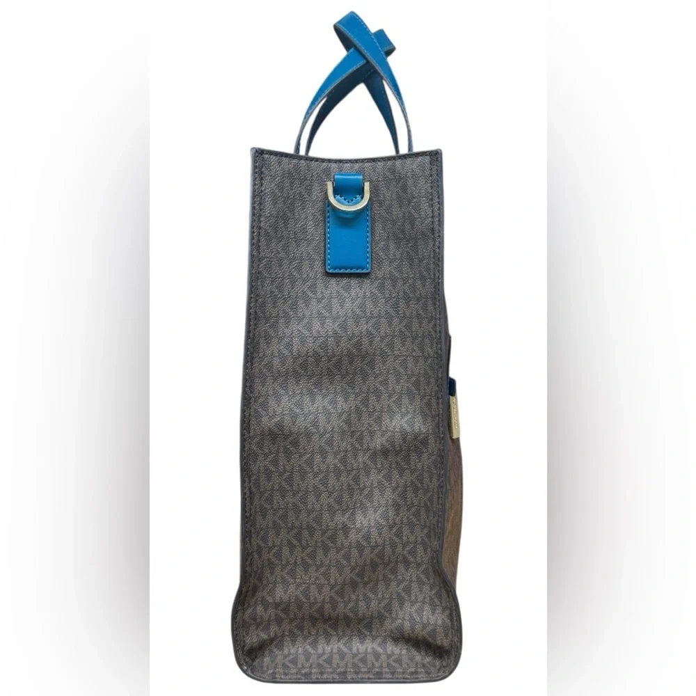 Michael Kors Kenly Brown Blue Lagoon MK Signature Large Tote Shoulder Bag Purse